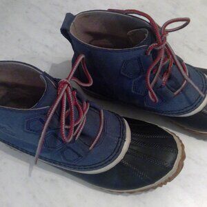 Sorel blue/black duck boots w red she strings,  sz 7